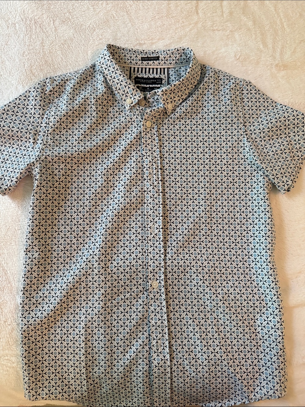 Denim & Flower boy’s Short Sleeve Button-Down Shirt in Light Blue and Navy Geo